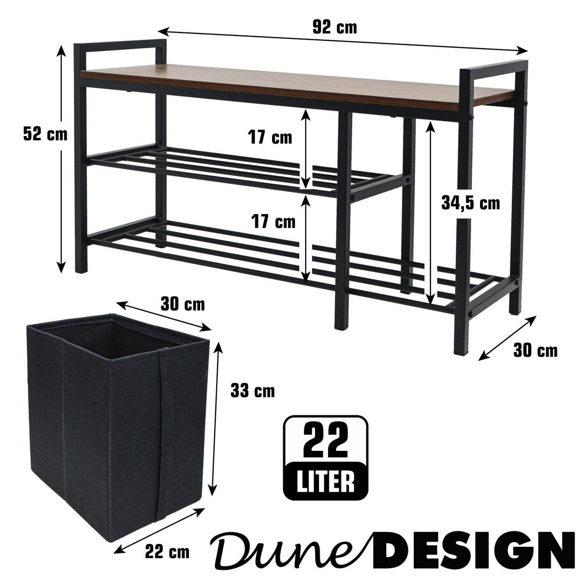 SCHUHBANK mit Sitzfläche & Korb, 92/30/52 cm, Braun - Braun, Holz (30/52/92cm) - Dunedesign