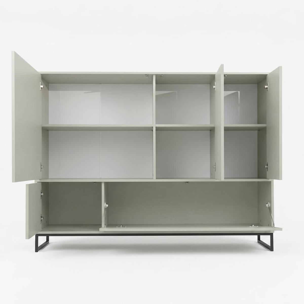 KOMMODE GENUA 160 cm in Hellgrün, Metallgestell Schwarz, Highboard mit push-to-open - Schwarz/Grün, Holzwerkstoff/Metall (160/120/45cm) - Bettso