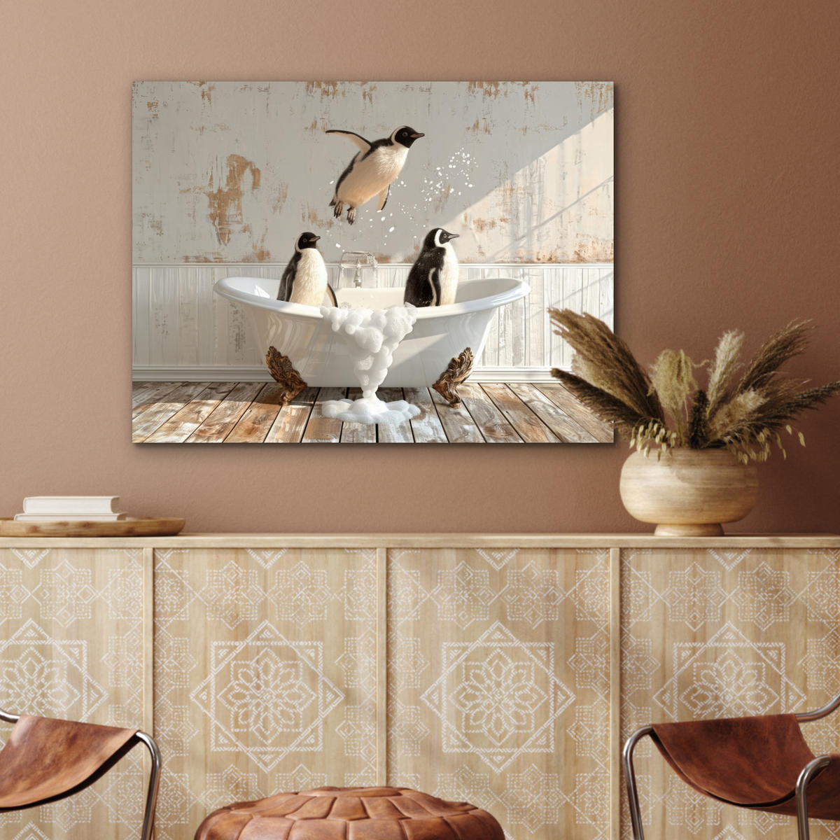 KOVOVÝ OBRAZ Vintage - Tučniak - Vaňa - Pena 80x60 cm - čierna, kov (80/60cm) - MuchoWow