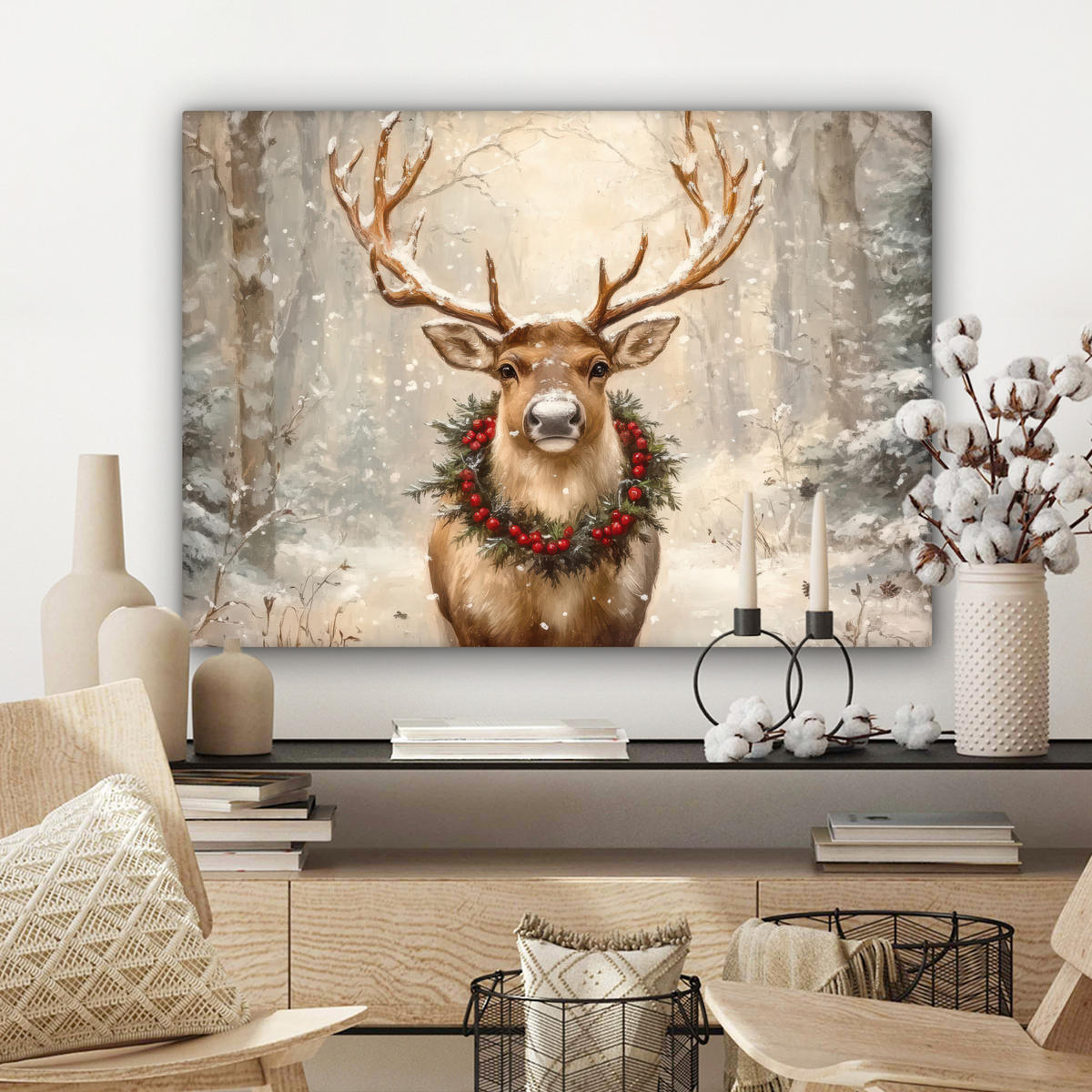 LEINWANDBILD Weihnachten - Rentier - Winter - Kranz Wandbilder 80x60 cm - Naturfarben, Textil (80/60cm) - MuchoWow