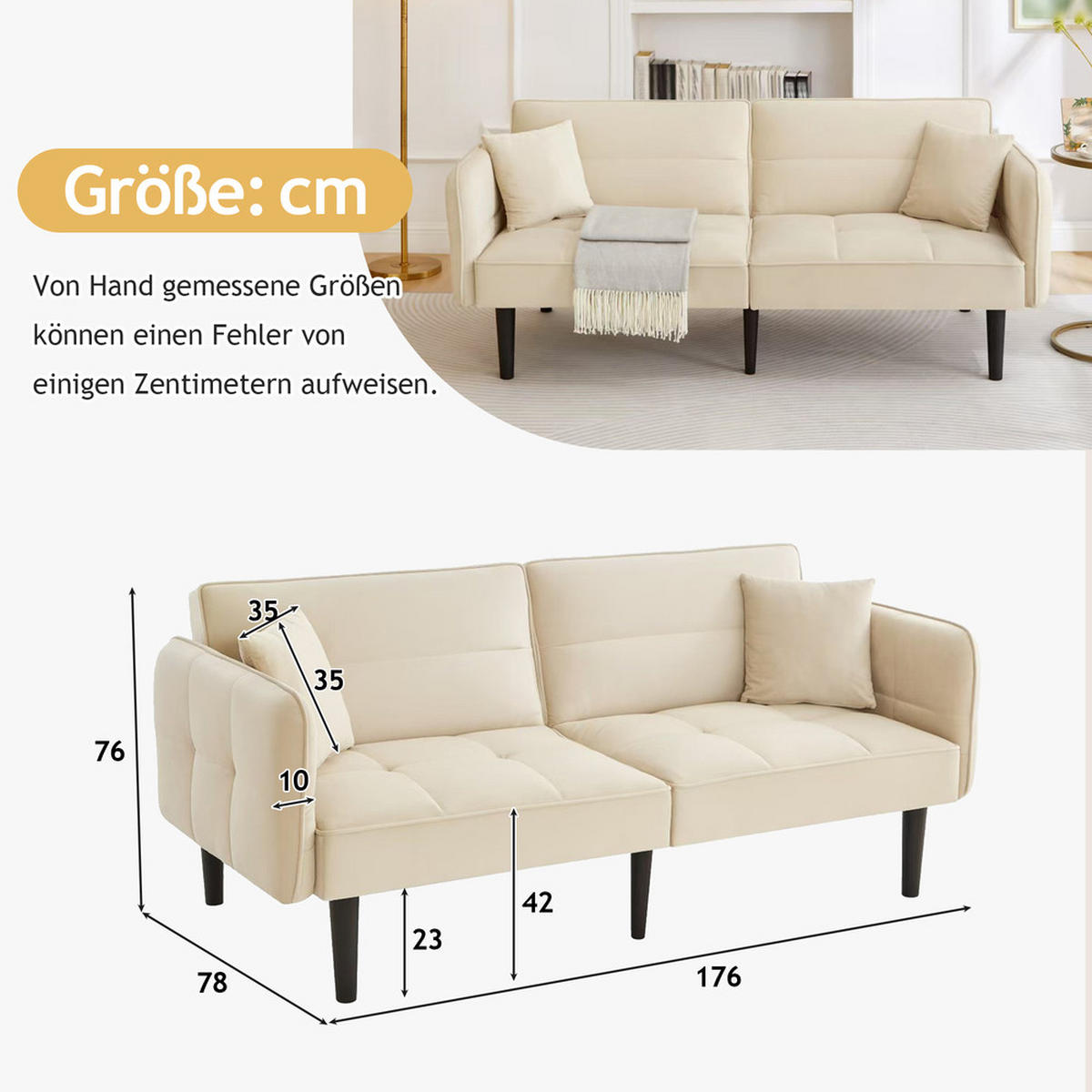 SOFA 2in1 Verstellbar Schlaffunktion Samtbezug Klappbare Armlehnen Kleinraum - Beige, Holz (92.08/19.05/80.01cm) - FLIEKS