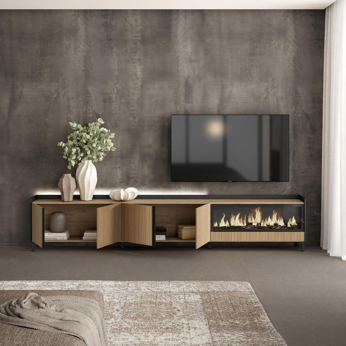 LOWBOARD, Eiche und Schwarz, 315/35/61cm, Elektrokamin XXL, Industriedesign, Led - Eichefarben, Holzwerkstoff (315/61/35cm) - Skraut Home