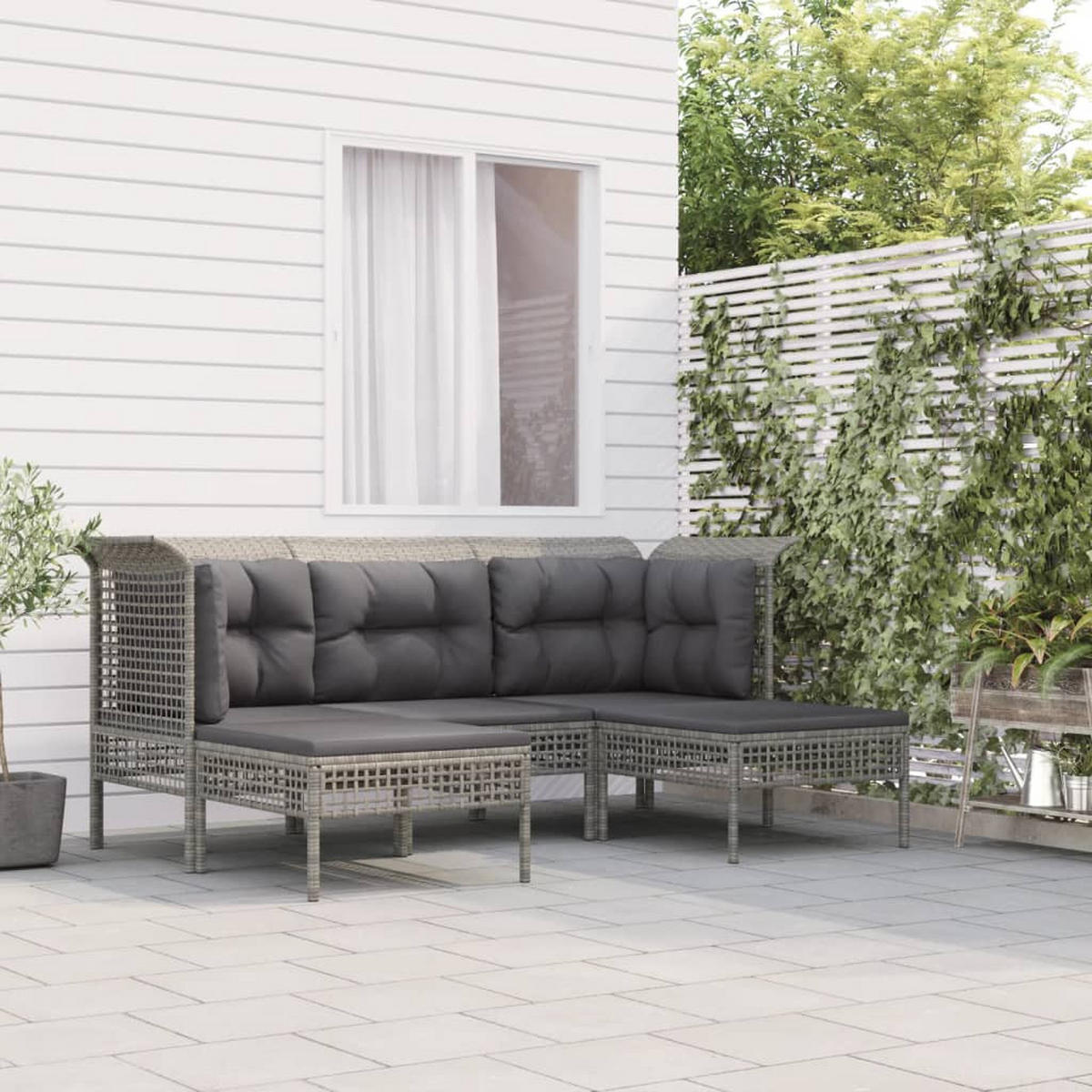 LOUNGEGARNITUR mit Hocker und Sofa, 185 cm, aus Poly Rattan, Grau, 5-teiliges Set - Grau, Kunststoff - vidaXL