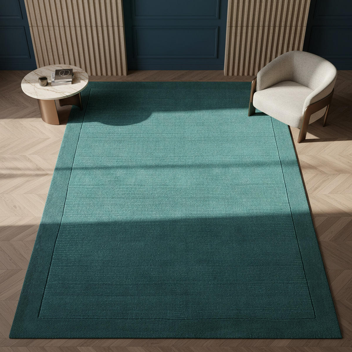 TEPPICH Schurwolle handgewebt mit Bordüre modern STOW, Türkis 200x290 cm - Grün, Textil (200/290cm) - KADIMA DESIGN