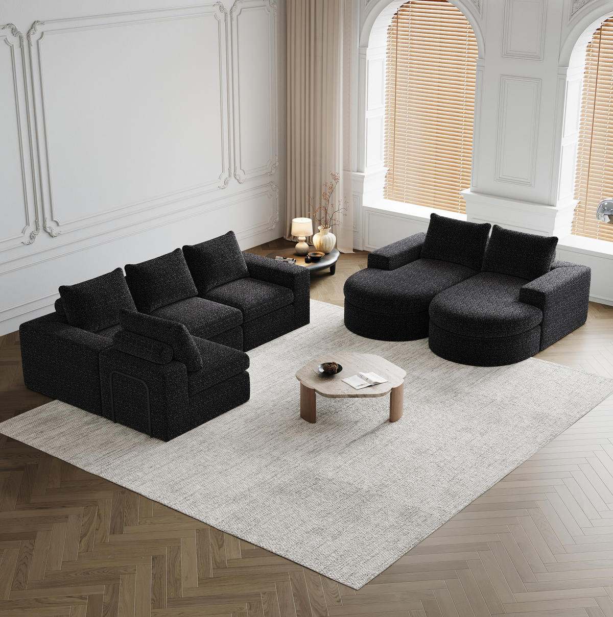 ECKSOFA 322,5/271,7/81,2 cm modular schwarz aus Chenille mit wechselbarer Chaiselongue - Schwarz, Textil (322.5/271.7cm) - OKWISH