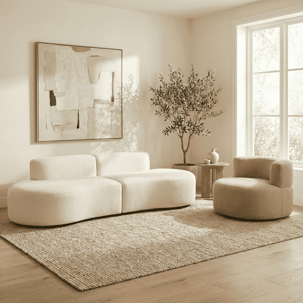 SITZGARNITUR Lounge Sofa und Sessel Weiß und Sand - Beige/Weiß, Textil (240/75/102cm) - COCO Living