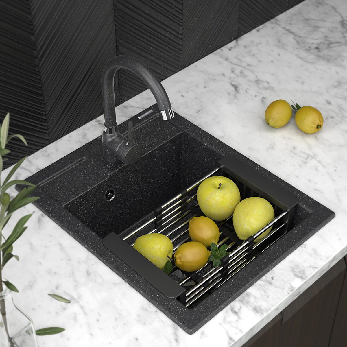 GRANITSPÜLE Samos mit Siphon - Schwarz, Kunststoff/Stein (40/18/50cm) - Granitan
