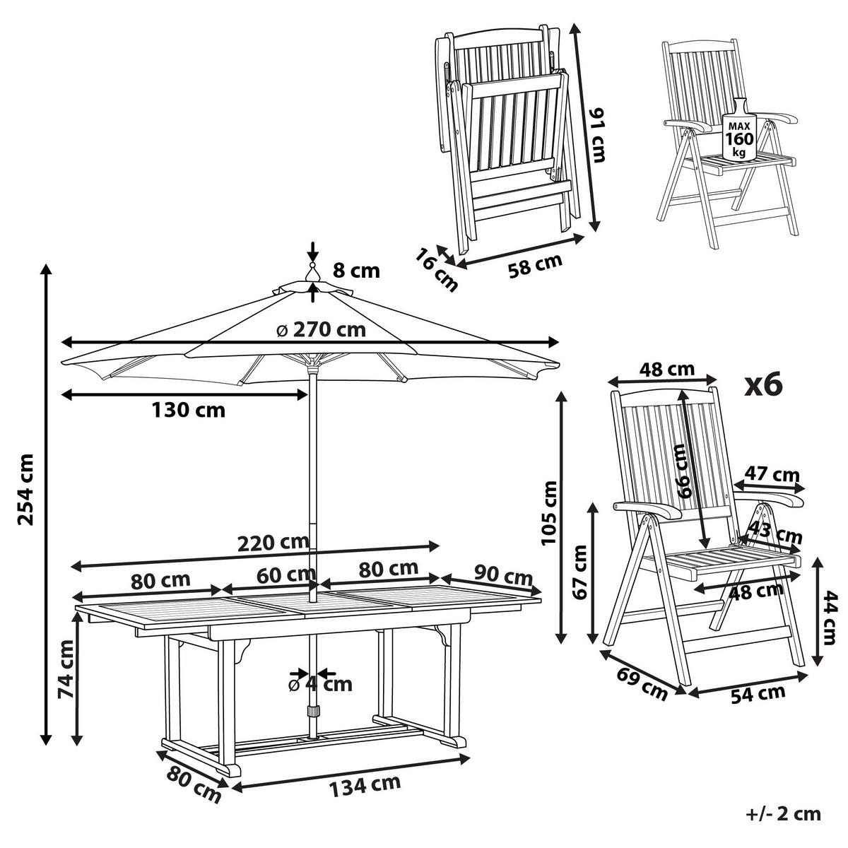 GARTENMÖBEL SET 6-Sitzer mit Sonnenschirm rot Akazienholz dunkelbraun Amantea - Dunkelbraun/Rot, Holz - Beliani