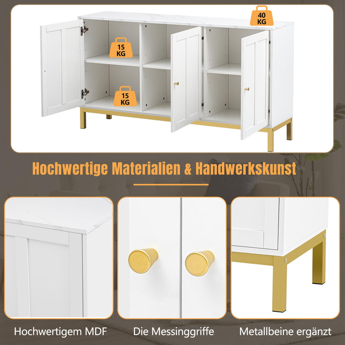 SIDEBOARD 120 cm in Weiß Kommode mit 3 Designtüren & verstellbaren Fächern - Weiß, Holzwerkstoff (140/80/39.8cm) - Urban Meuble