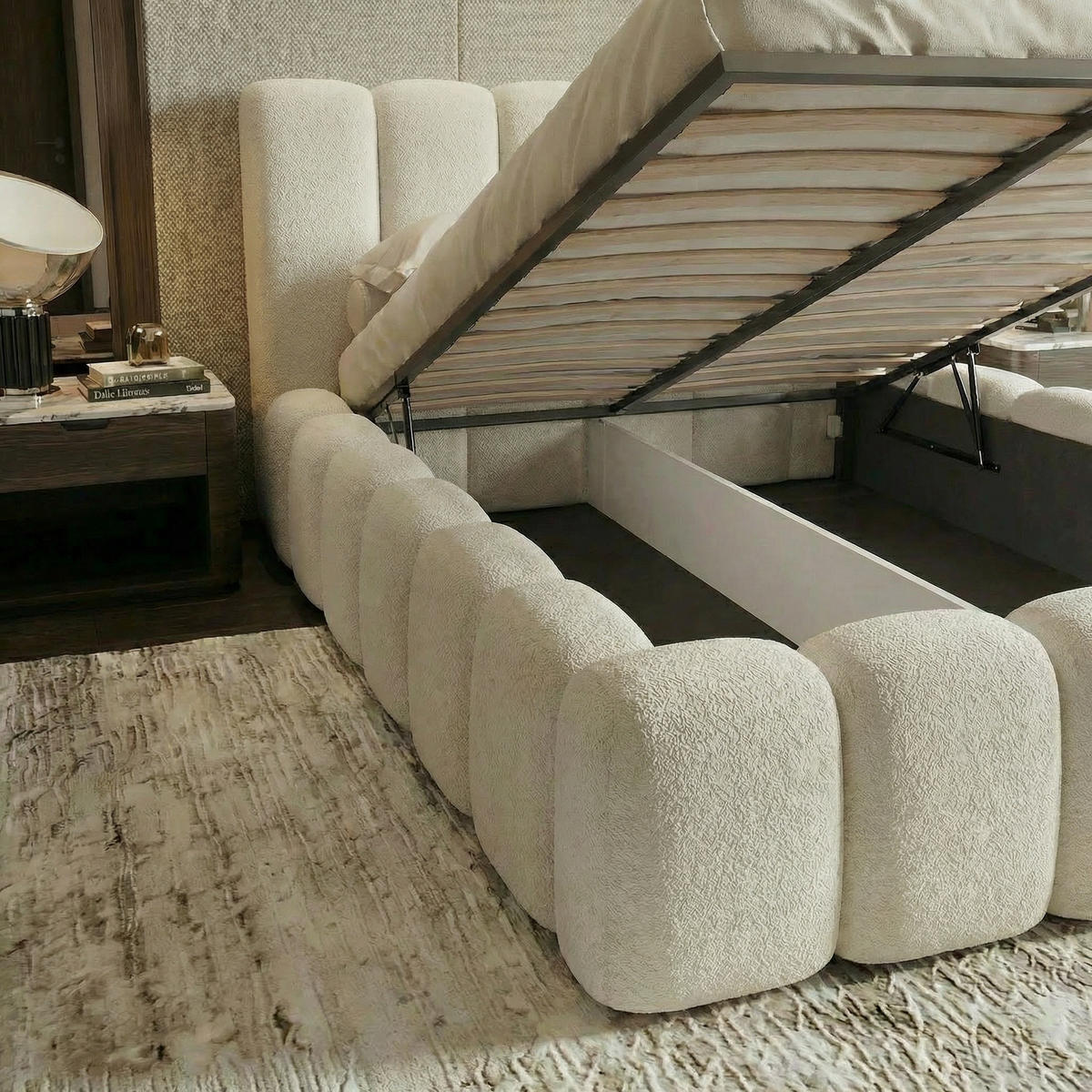 POLSTERBETT VELORA 180x200cm mit Bettkasten & Metallgestell - Bouclé Stoff ECRU GERRA - Ecru, Textil (180/200cm) - Luxkor24