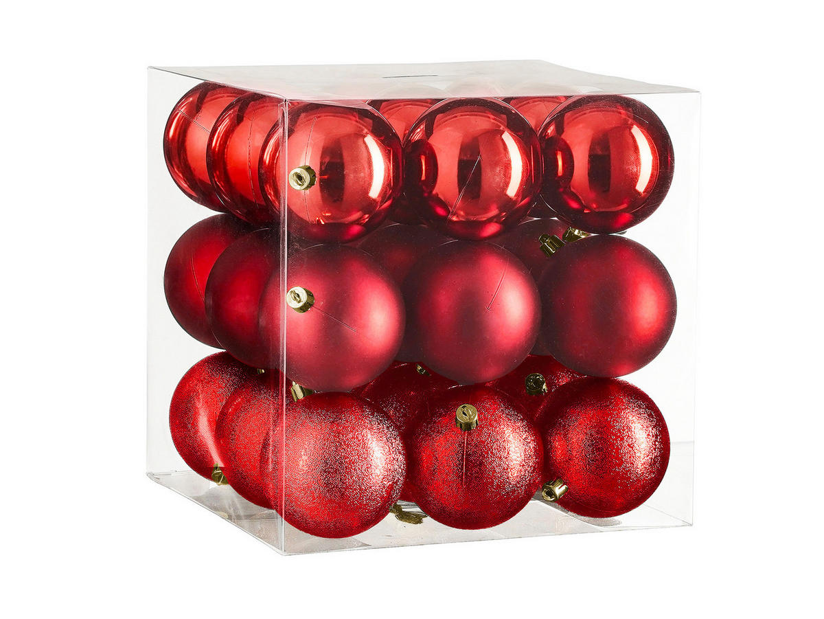 LAALU CHRISTBAUMKUGEL-SET 27 Ornamenten: rote runde Mix-Ornamente 8 cm - Rot, Kunststoff (35/35/35cm) - LAALU