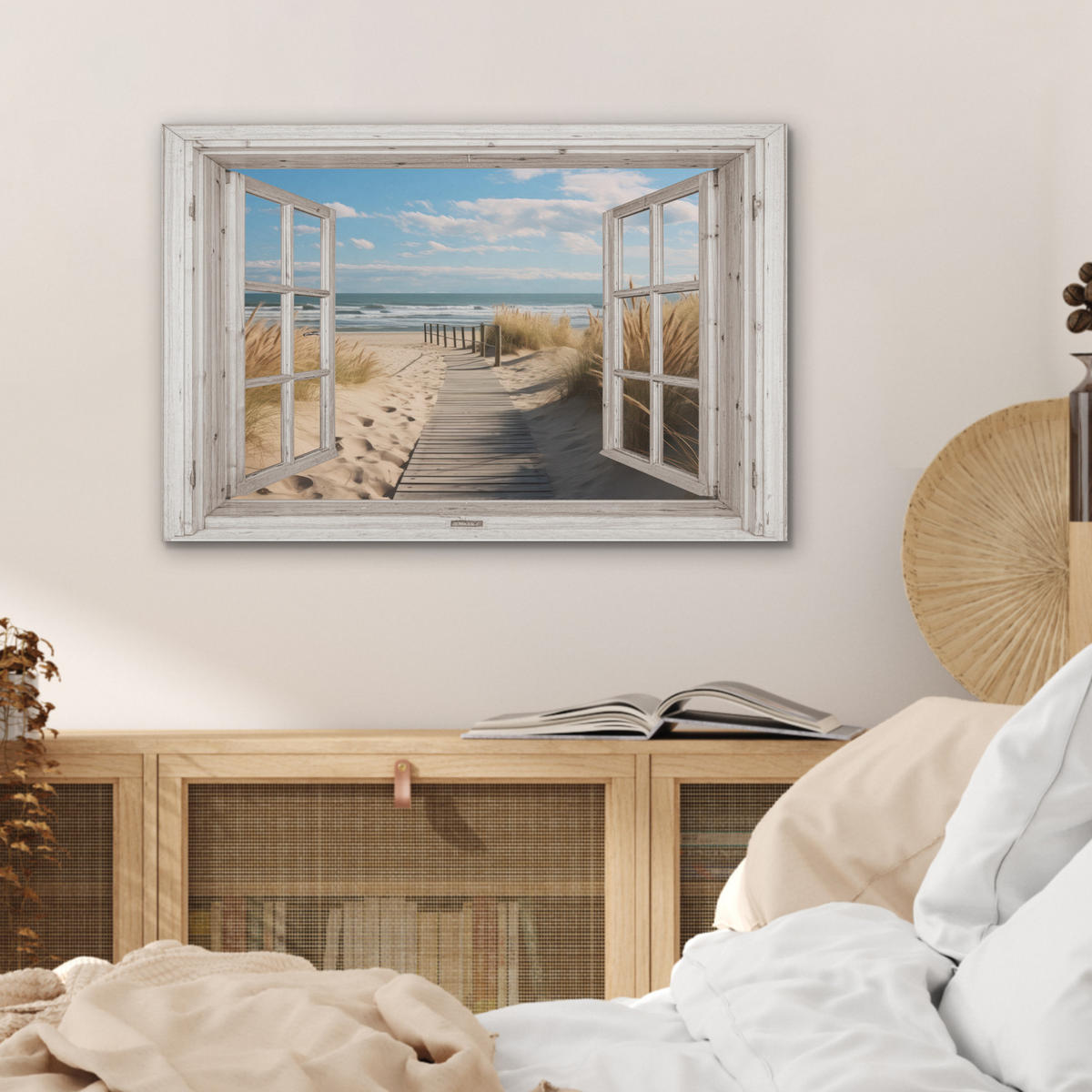 AKUSTIKBILD Fenster - Meer - Küste - Natur - Ausblick - Strand - Wattenmeer Wanddeko 70x50 cm - Beige, Kunststoff (70/50/0.9cm) - MuchoWow