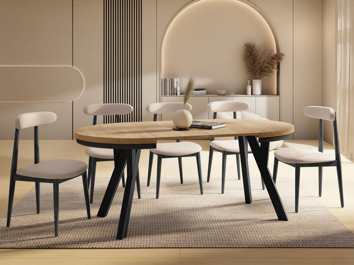 ESSTISCH Vero Neo rund ausziehbar verlängerbar, Eiche Braun 90-190/90/77 cm - Eiche Wotan/Schwarz, Holz/Holzwerkstoff (90/90/77cm) - WFL GROUP