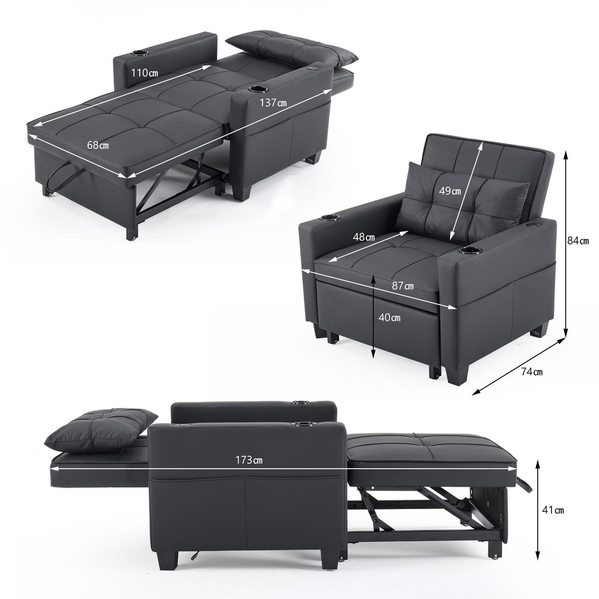 SCHLAFSESSEL mit 3-in-1-Funktion, ausziehbar, verstellbarer Liegestuhl mit USB-Anschluss und Getränkehaltern, Schwarz - Schwarz, Holz (74/84/87cm) - Redom