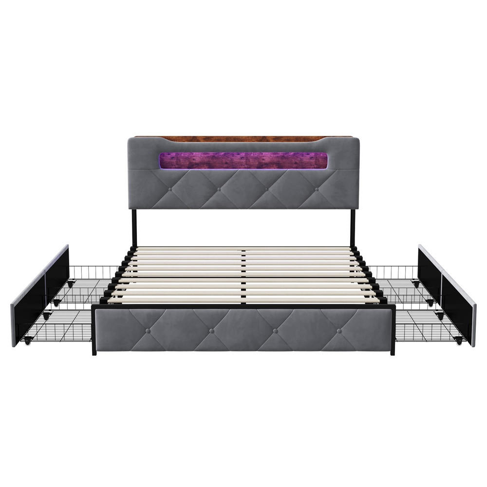 POLSTERBETT 140x200 cm - Doppelbett mit Stauraumkopfteil - 4 Schubladen und LED-Beleuchtung - ohne Matratze - Grau - Grau, Textil (140/200cm) - DELFA