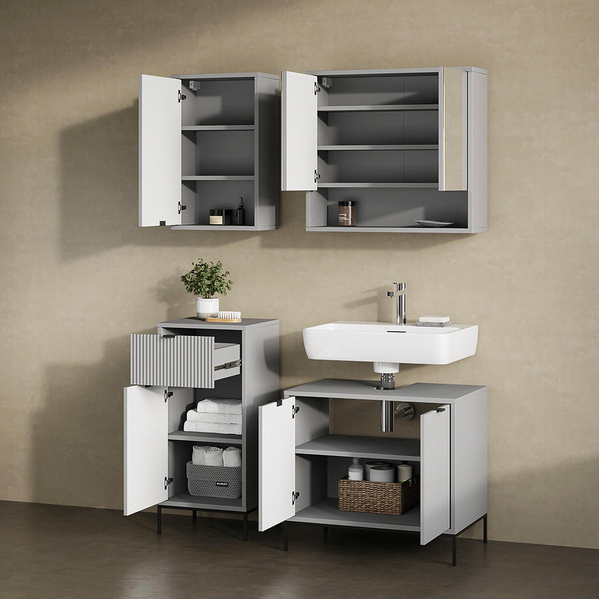 BADEZIMMER ATERNO Grau 40 x 65 cm mit 2 Regalböden - Grau, Holzwerkstoff (40/65/22.1cm) - Livinity®