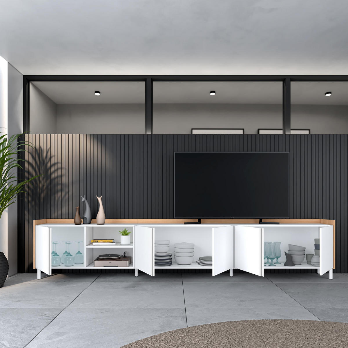 LOWBOARD, Weiß und Eiche, 309/35/61cm, mit Beinen - Weiß, Holzwerkstoff (309/61/35cm) - Skraut Home