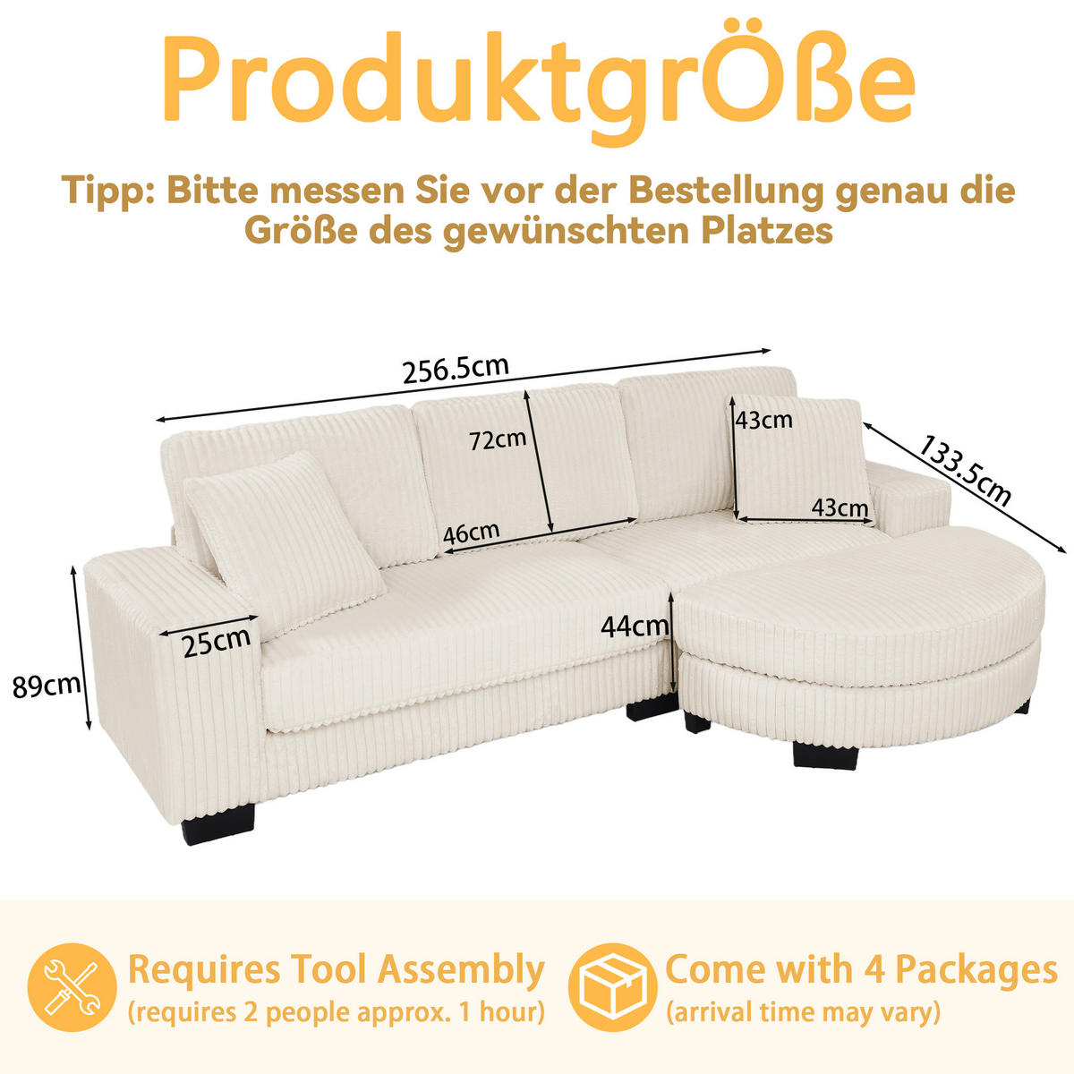 ECKSOFA 256.5/133.5/89 cm Beige Cord mit 2 Kissen und ovaler Fußhocker - Beige, Textil (133.5/89/256.5cm) - Oxeza
