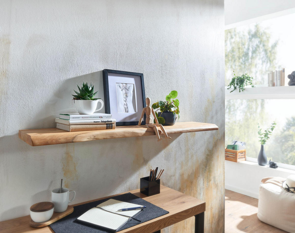 WANDREGAL Akazienholz Baumkante Rustikal, Beige 120x26x4 cm - Beige, Holz (120/4/26cm) - KADIMA DESIGN