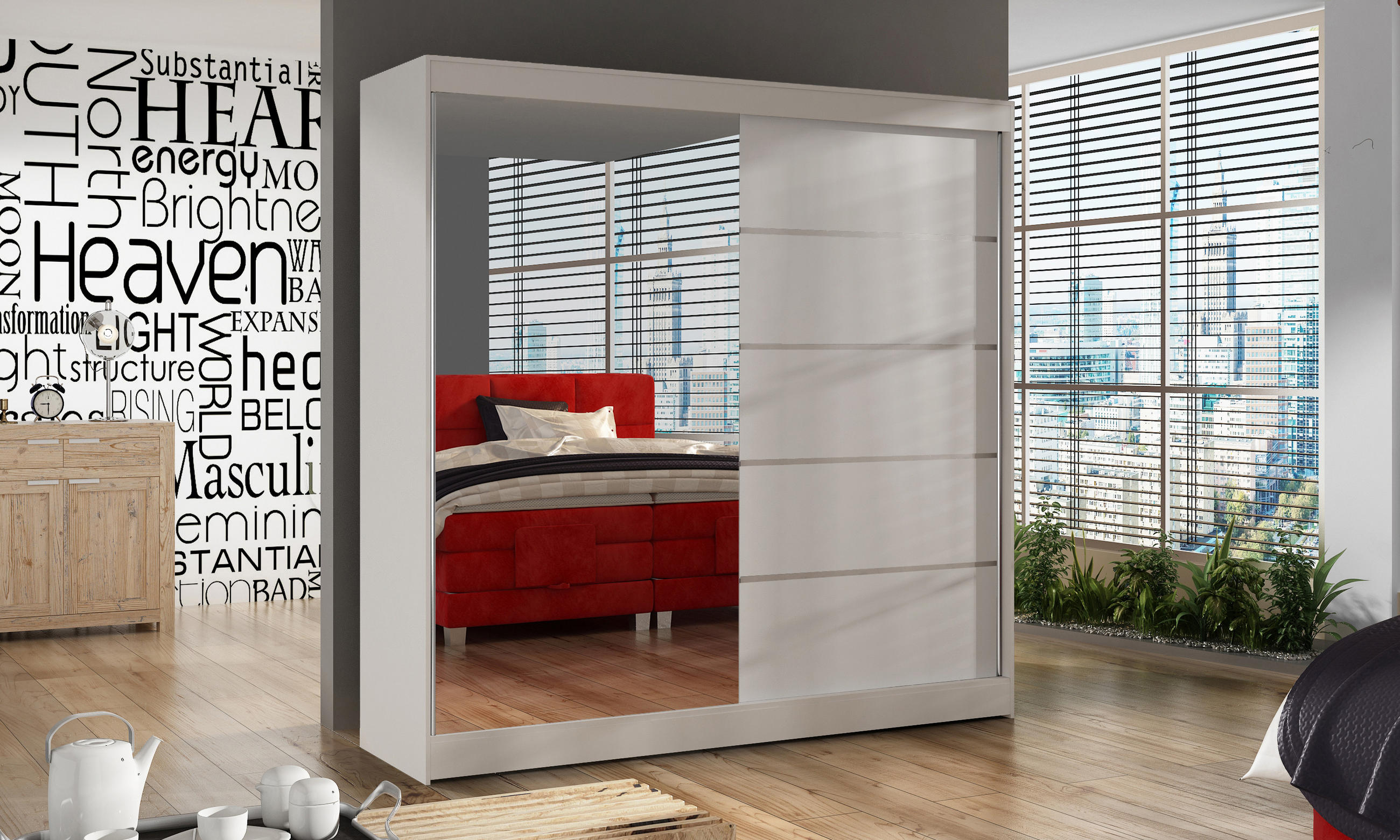 SCHWEBETÜRENSCHRANK Basti III - 200 cm - Weiß, Holzwerkstoff/Metall (200/215/58cm) - Sofnet