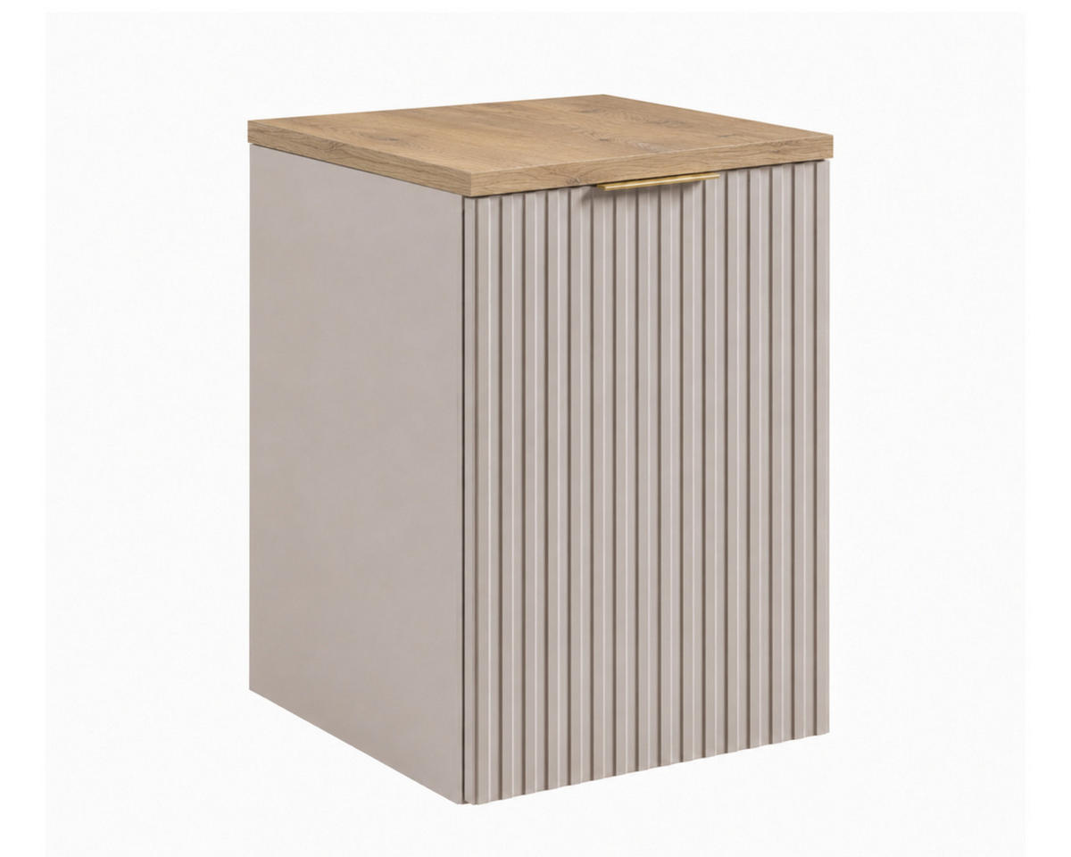 BADEZIMMERSCHRANK MIT WÄSCHEKORB: Kaschmir / Platte Helle Eiche, Griff Gold, 40 x 46 x 58,6 cm - Kaschmir/Eichefarben, Holzwerkstoff (40/58.6/46cm) - 3XE LIVING