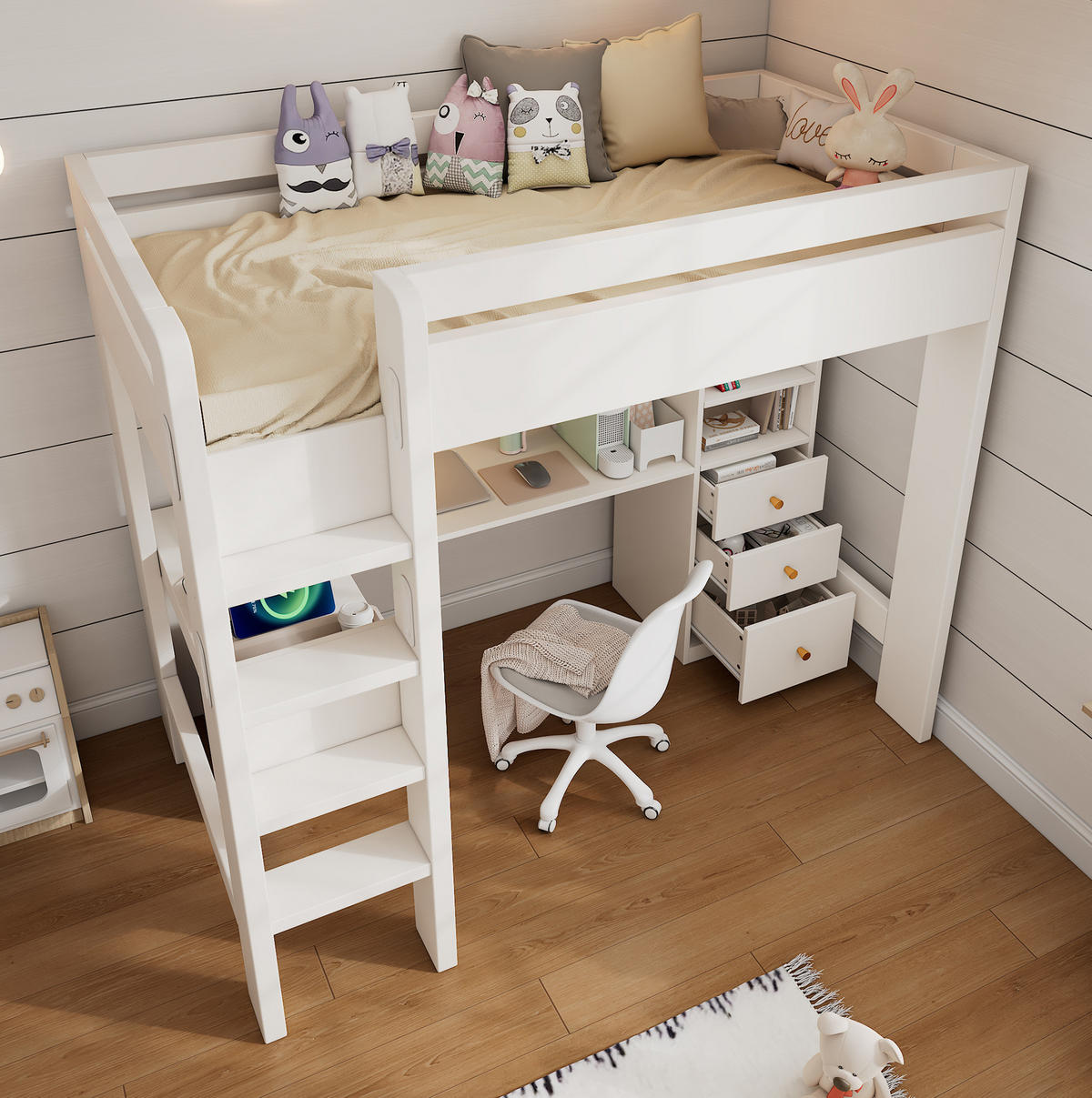 HOCHBETT 90/200 cm mit L-Schreibtisch, Regalen, Schubladen und USB/Type-C-Ladebereich, Weiß - Weiß, Holzwerkstoff (90/200cm) - Redom