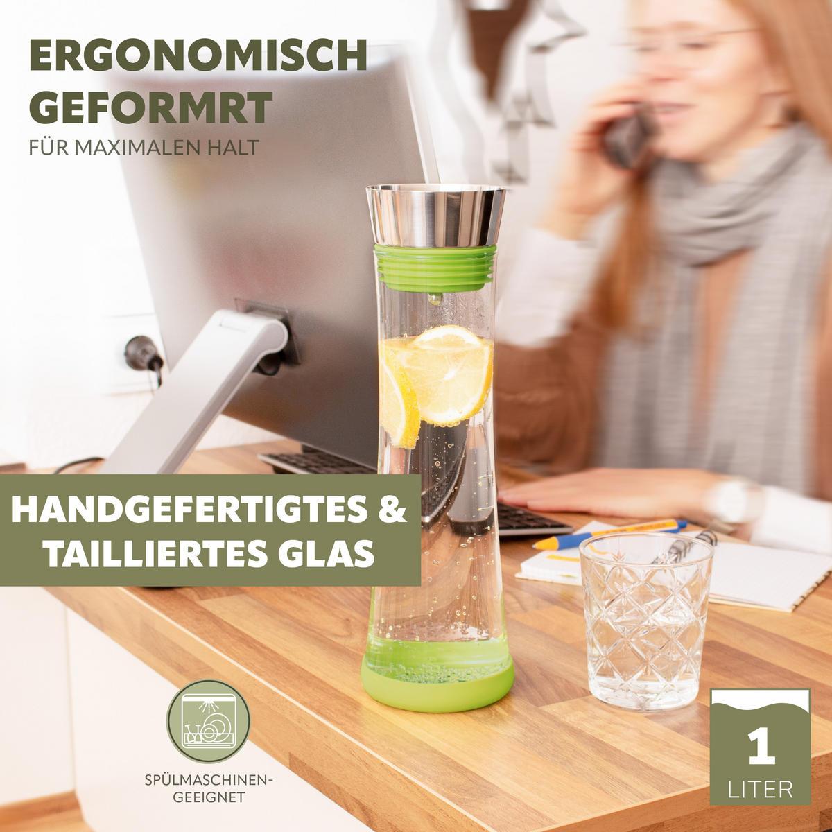 GLASKARAFFE 1 Liter CAROLA, grün, Edelstahl, Silikon - Grün, Glas (1L) - bremermann
