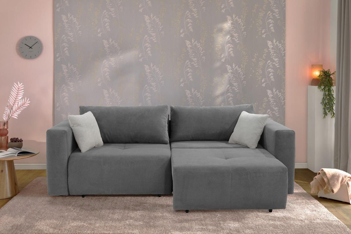 SCHLAFSOFA Verwandlung: Big-Sofa/Eckcouch, 2 Bettkästen, B243/T115-161/H84 cm, Liegefläche 145x197 cm, Waffelcord Grau / 15241 - Schwarz/Grau, Kunststoff/Textil (243/84/115cm) - luma-home