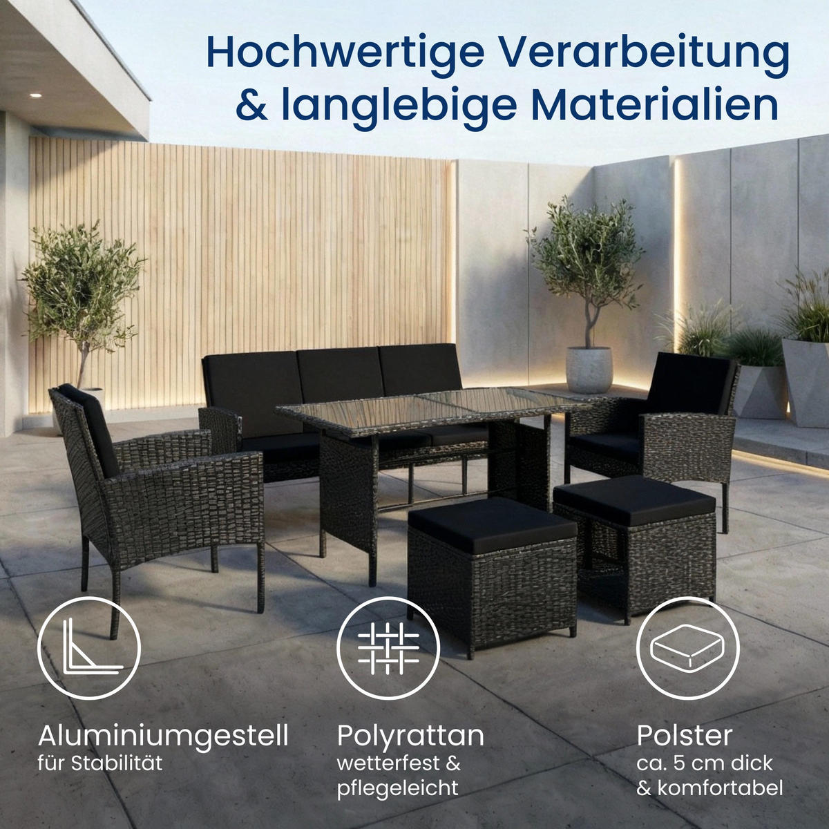 GARTENMÖBEL-SET mit 3-Sitzer Sofa, 2 Stühle, 2 Hocker mit schwarze Kissen - Schwarz, Metall - Home Collective