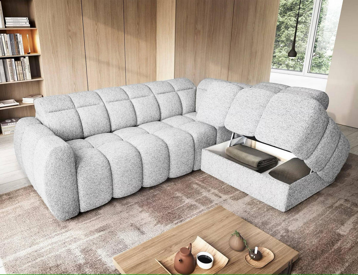ECKSOFA mit elektrischem Sitzvorschub, Bettkasten und verstellbare Kopflehnen - Hellgrau, Naturmaterialien/Textil (208/258cm) - Eltap