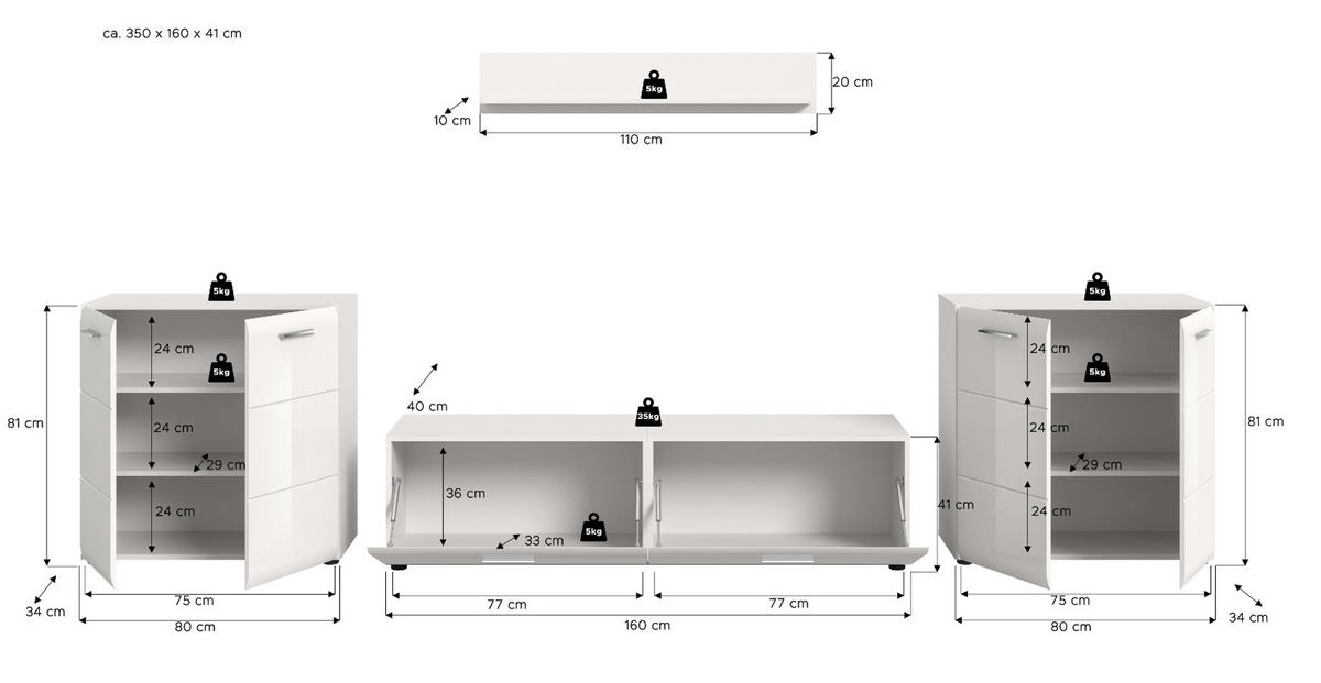 WOHNWAND weiß Hochglanz 4-teilig 350 cm, Schrankwand mit viel Stauraum - Weiß Hochglanz/Silberfarben, Glas/Holzwerkstoff (350/160/41cm) - Inn.Furn