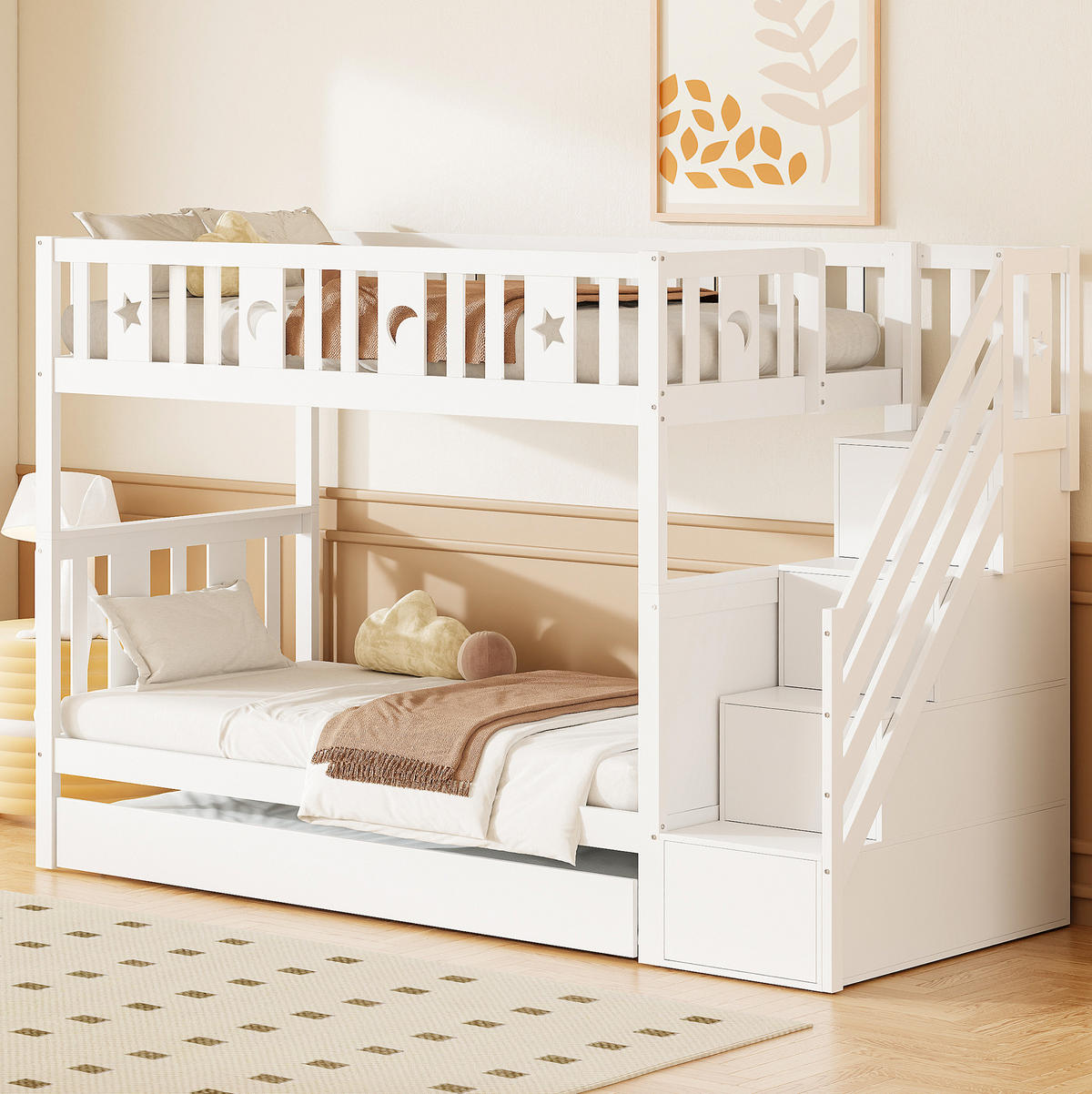 POSCHODOVÁ posteľ 90/200 cm biela s výsuvným lôžkom a úložnými schodmi z MDF a borovicového dreva - biela, kompozitné drevo (90/200cm) - OKWISH