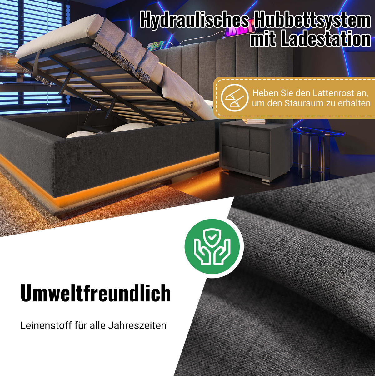 POLSTERBETT 160/200 cm Grau aus Leinen mit LED, Stauraum und Ladefunktion - Grau, Textil (160/200cm) - OKMYHOME