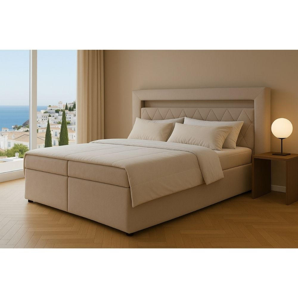 BOXBETT Lui Gold mit Bonnelmatratze, Topper, LED-Beleuchtung, 200x200, Beige - Beige, Holzwerkstoff/Kunststoff (200/200cm) - AN-Moebel 4u