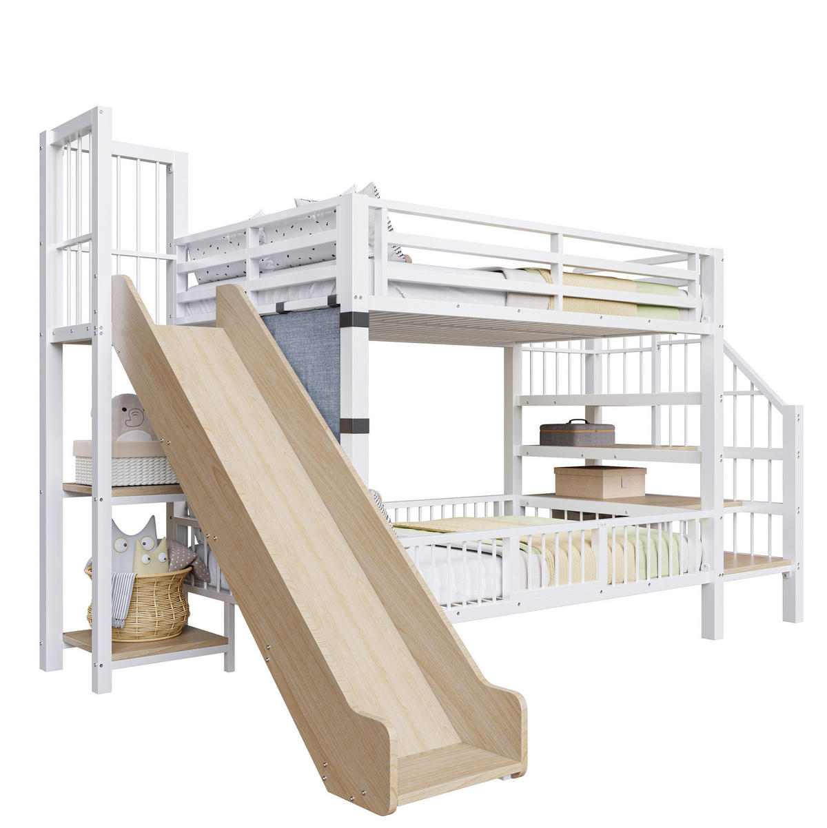 ETAGENBETT 90/200 cm Weiß mit Rutsche und Stauraumtreppe aus Metall - Weiß, Metall (90/200cm) - Flora Grace