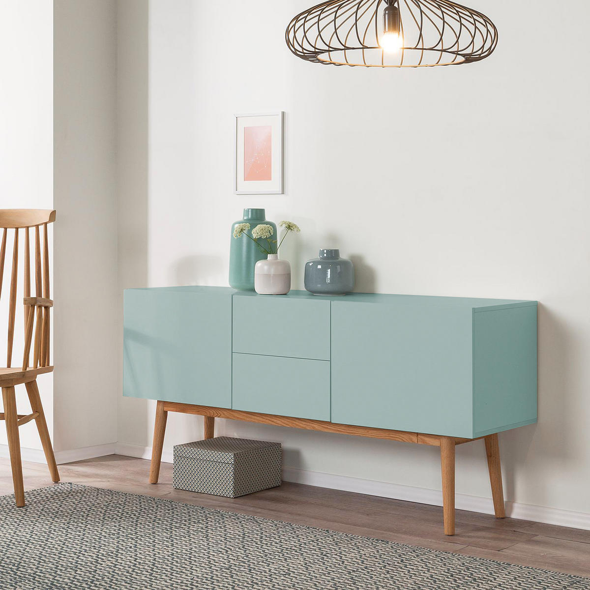 SIDEBOARD - Breite 150 cm - Eichefarben/Mintgrün, Holzwerkstoff (150/72/40cm) - home24