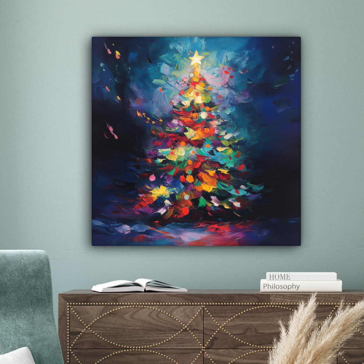 LEINWANDBILD Weihnachtsbaum - Weihnachten - Abstrakt - Farbenfroh 90x90 cm - Multicolor, Textil (90/90cm) - MuchoWow