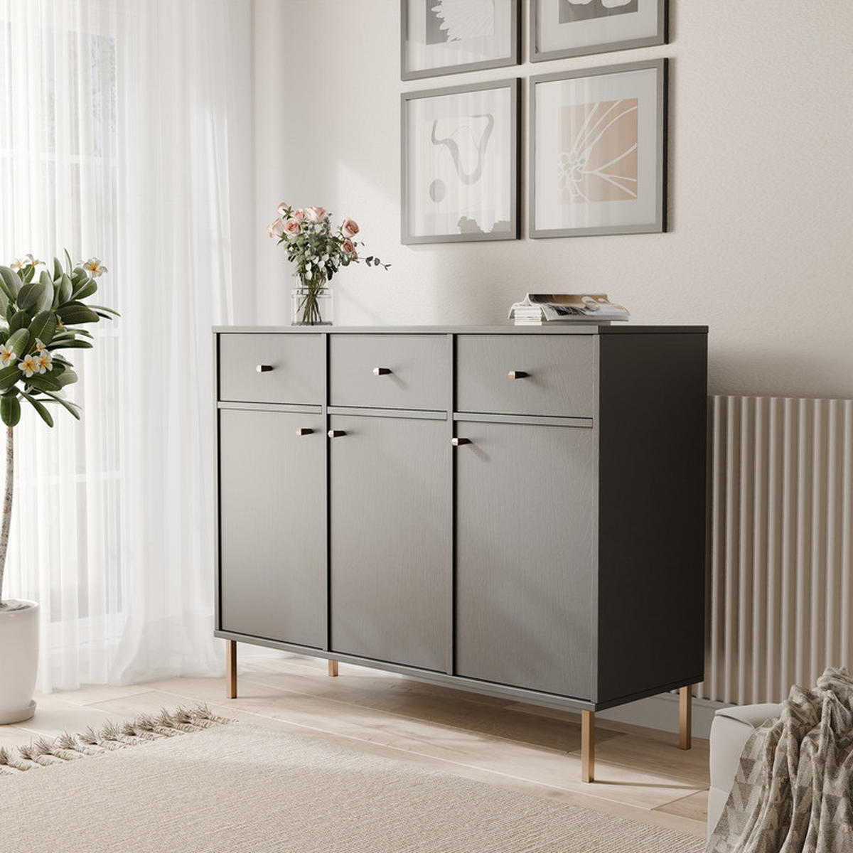 KOMMODE FLOW 124/41/95 cm, 3 Schublade(n), Schwarz - Schwarz, Holzwerkstoff/Metall (124.5/95/40.8cm) - Idohome