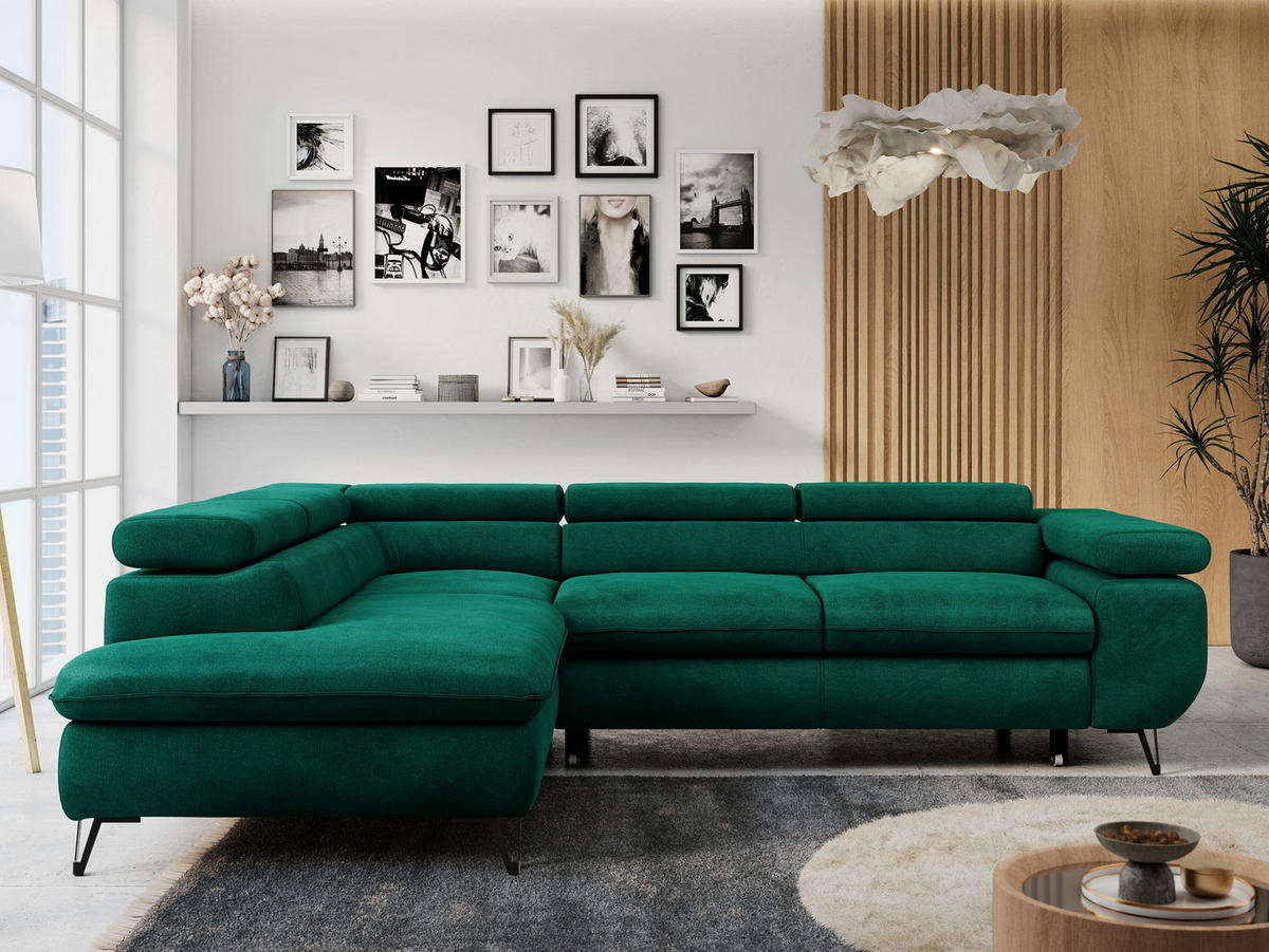 ECKSOFA PETER L Dunkelgrün Velvet - Links Seite - Dunkelgrün/Schwarz, Textil/Metall (208/273cm) - MKS