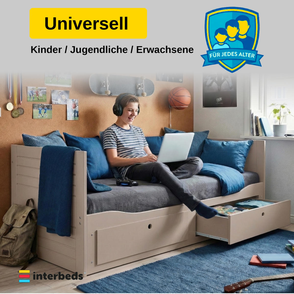 TAGESBETT Hermes 80/200 cm Kaschmir – Skandinavisches 3-in-1 Funktionsbett mit 2 Schubladen & 2 Lattenrosten - Kaschmir, Holzwerkstoff (160/200cm) - Interbeds