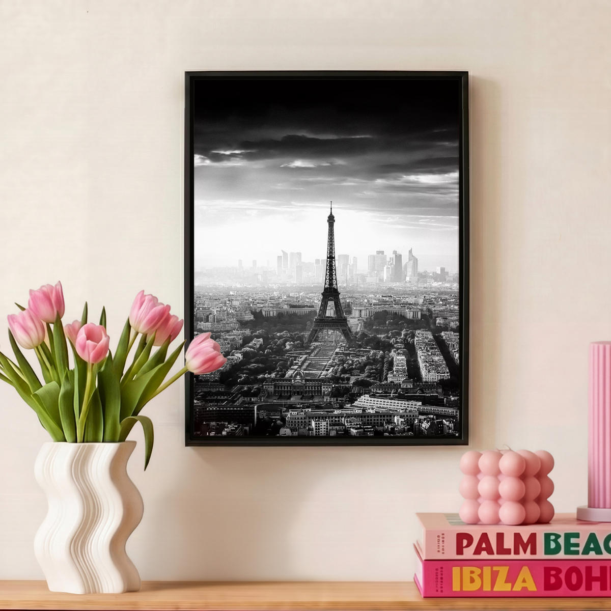 LEINWAND Bilder mit Rahmen - Paris - Skyline - Eiffelturm - Stadt - Wolken - 30x40 - Dunkelgrau, Textil (30/40cm) - MuchoWow