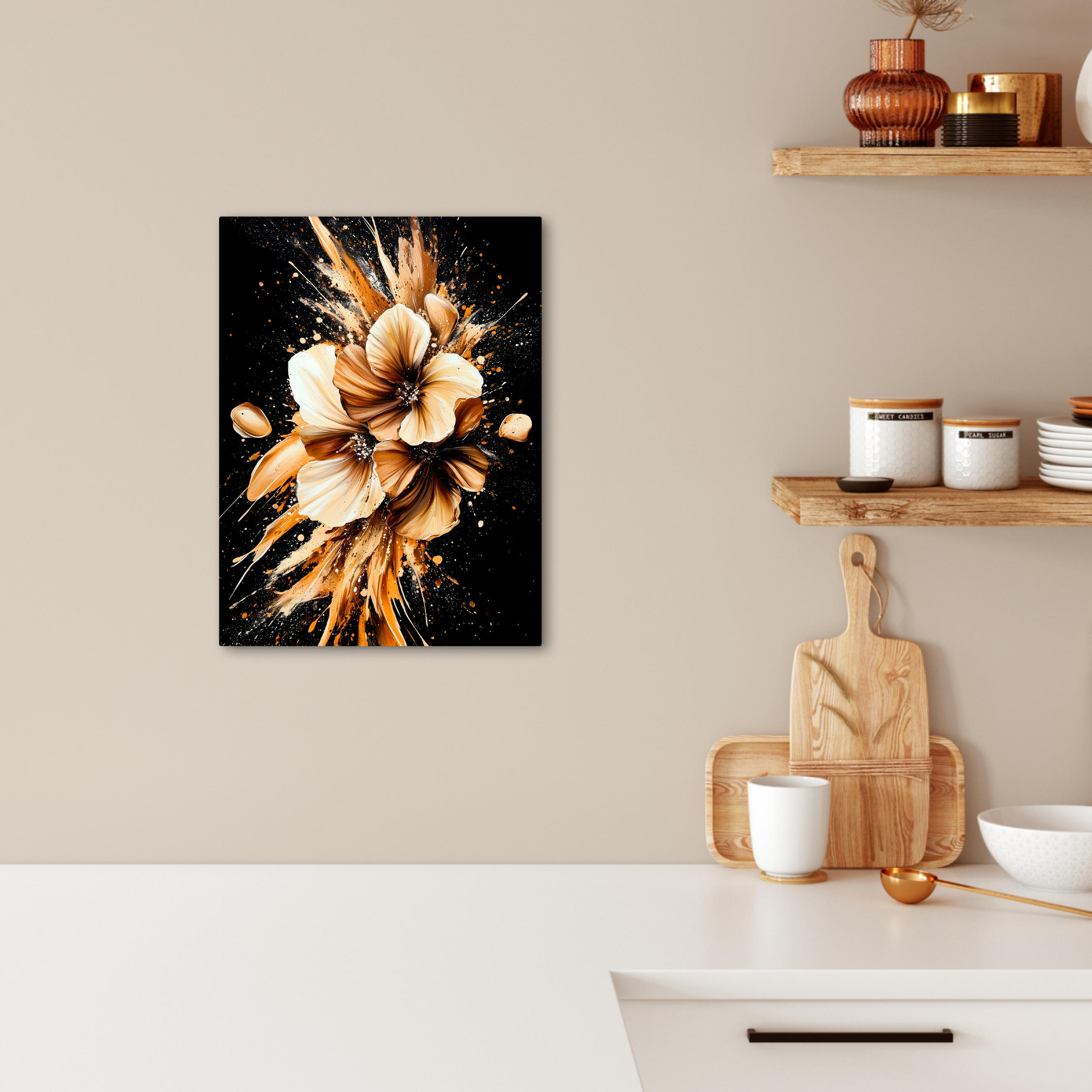 LEINWANDBILD Blumen - Gold - Graffiti - Schwarz - Abstrakt 30x40 cm - Cappuccino, Textil (30/40cm) - MuchoWow