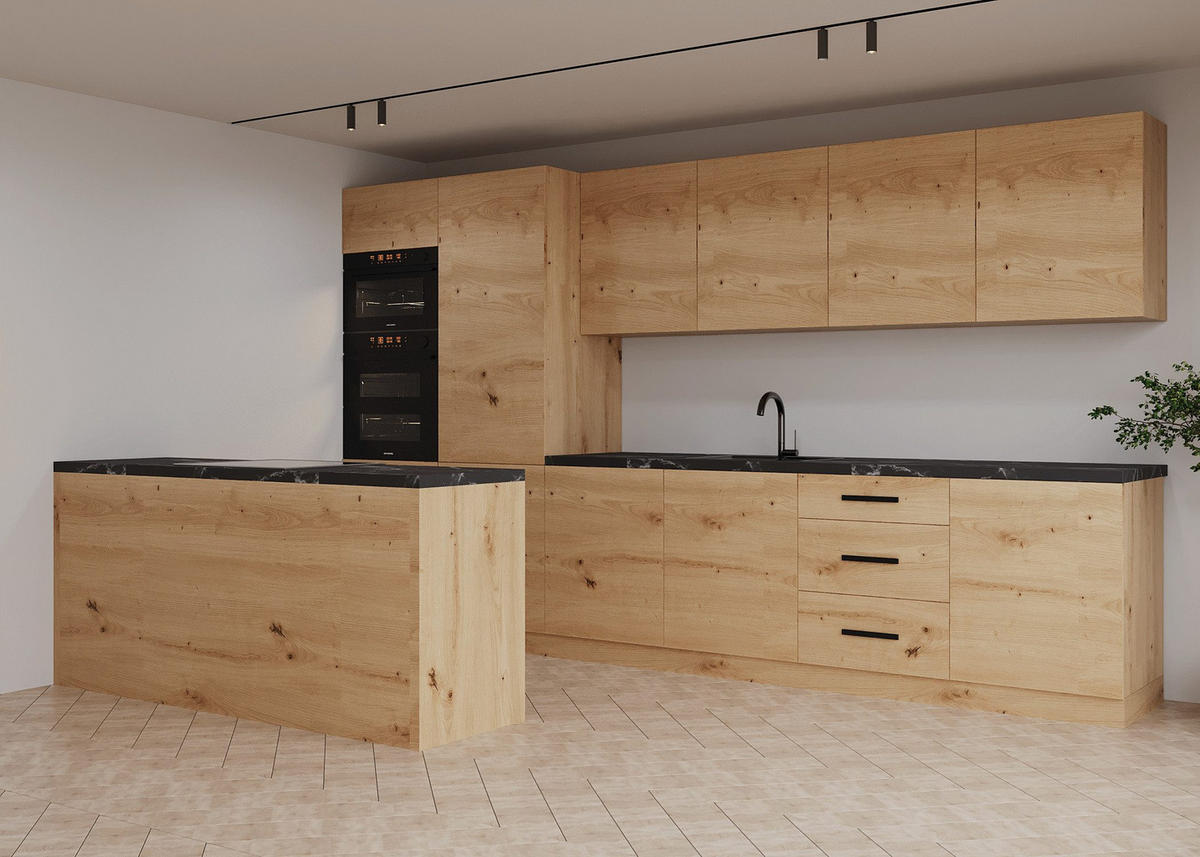 INSELKÜCHE Nexa Woodline – 360 cm + Insel 180 cm – K104-G360 - Hellbraun/Schwarz, Holzwerkstoff/Metall (360/210/60cm) - ROYAL24_MARKT