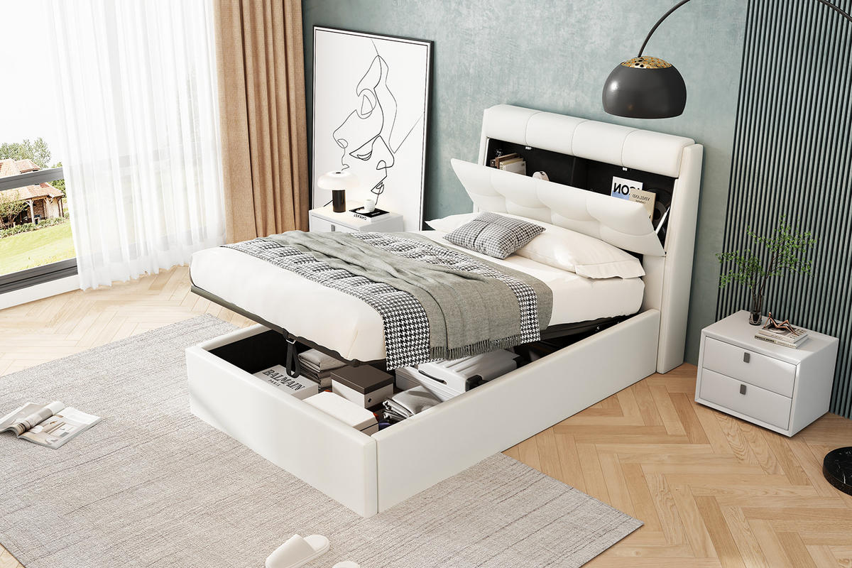 POLSTERBETT 90x200cm Weiß PU Mit Hydraulik & Verdecktem Stauraum - Weiß, Leder (90/200cm) - FLIEKS
