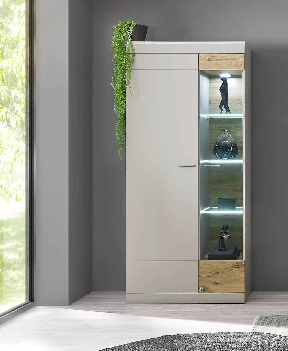 VITRINE grau matt, Zinneiche 90 cm, Vitrinenschrank mit Soft-Close - Eichefarben/Silberfarben, Glas/Holzwerkstoff (90/199/35cm) - Furn.Design