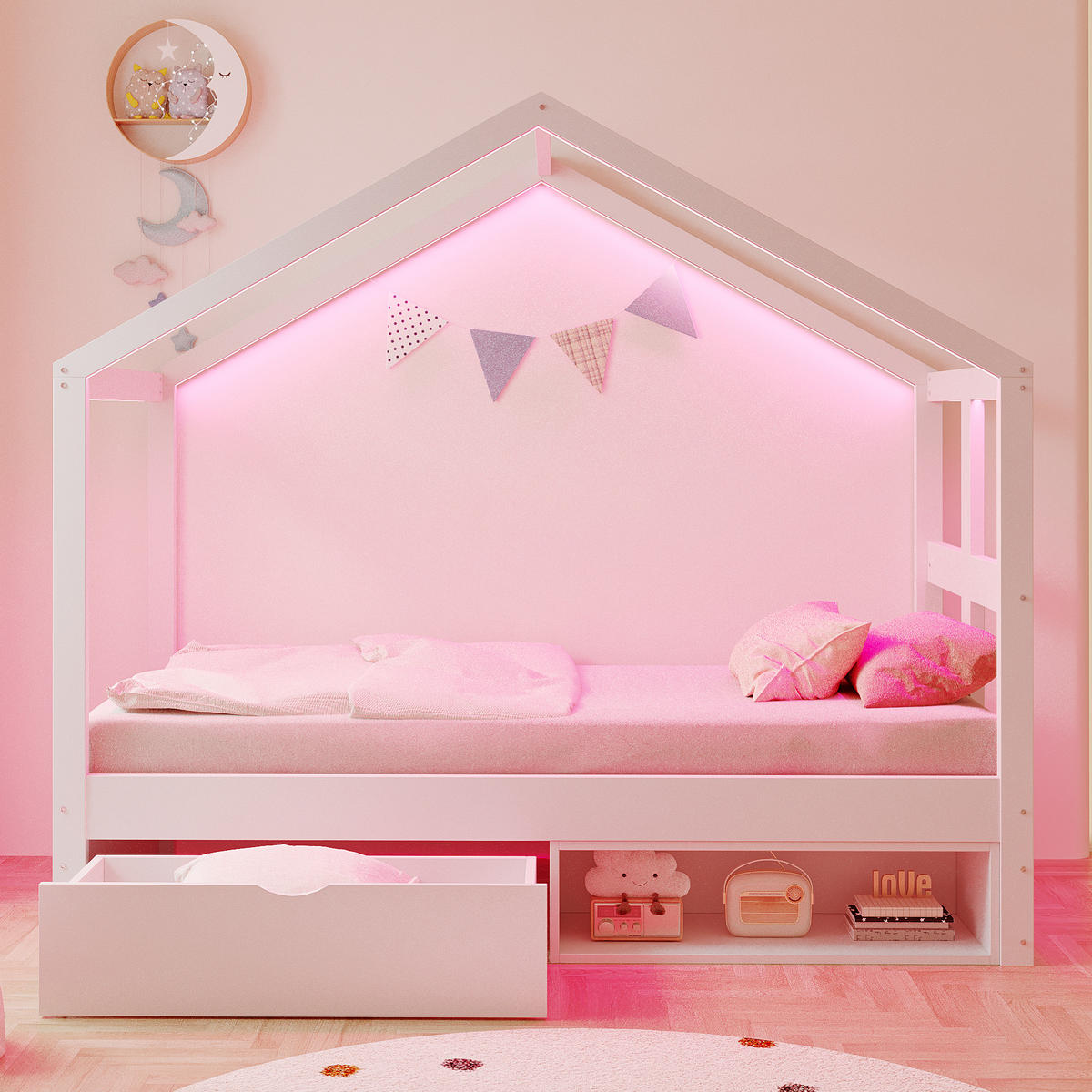 HAUSBETT 90/190 cm DE-01554, in Weiß, mit Schubladen, Schuhschrank und LED-Beleuchtung - Weiß, Holzwerkstoff (90/190cm) - ComfortXL