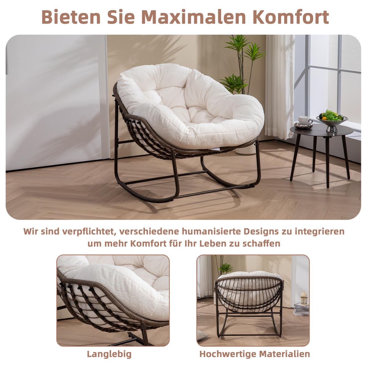 SCHAUKELSTUHL Schaukelsessel Garten,Rattanstuhl mit Stahlrahmen,Weiß-Fleece - Weiß, Metall (94.5/80/111cm) - LVHOM