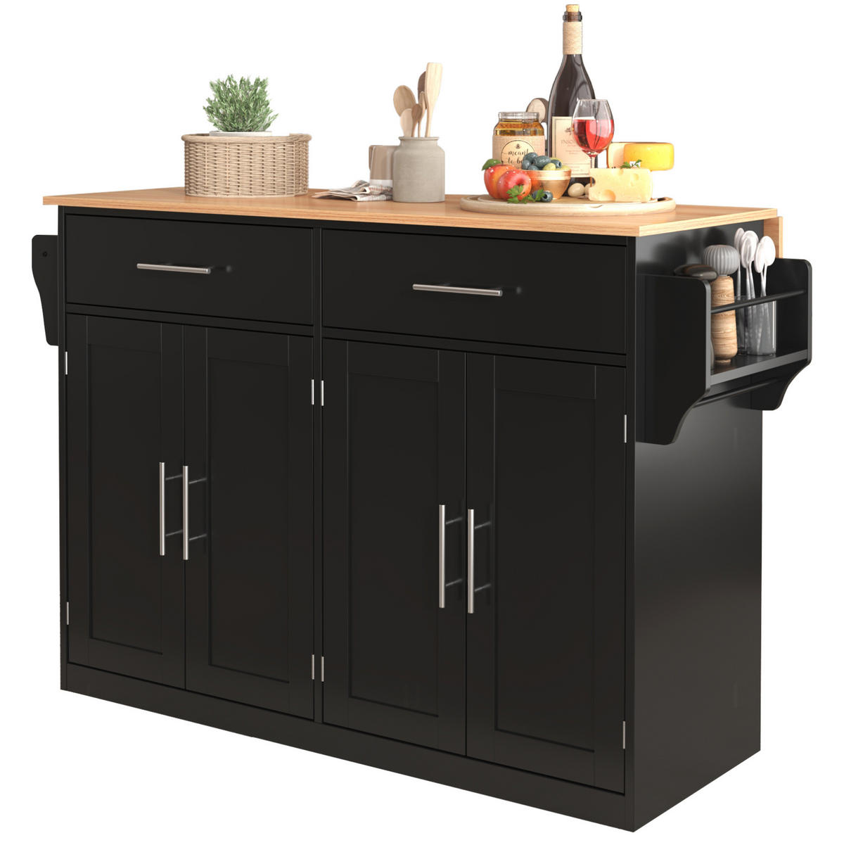 KÜCHENINSEL 120/46(70)/91,5 cm aus MDF mit klappbarer Tischplatte und Rollen Schwarz/Natur - Schwarz, Holzwerkstoff (120/91.5/71cm) - Modenvie