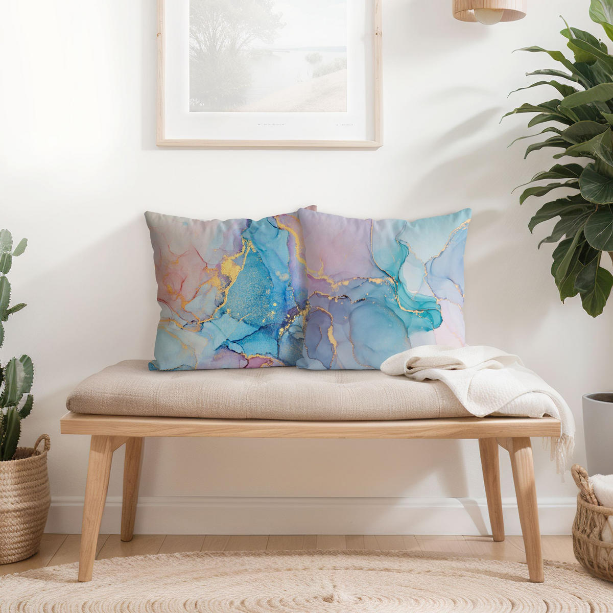 DEKOKISSEN 2er-Set Aquarell Pastell mit Gold Duo 50/50 cm - Türkis, Textil (50/50cm) - Bilderwelten