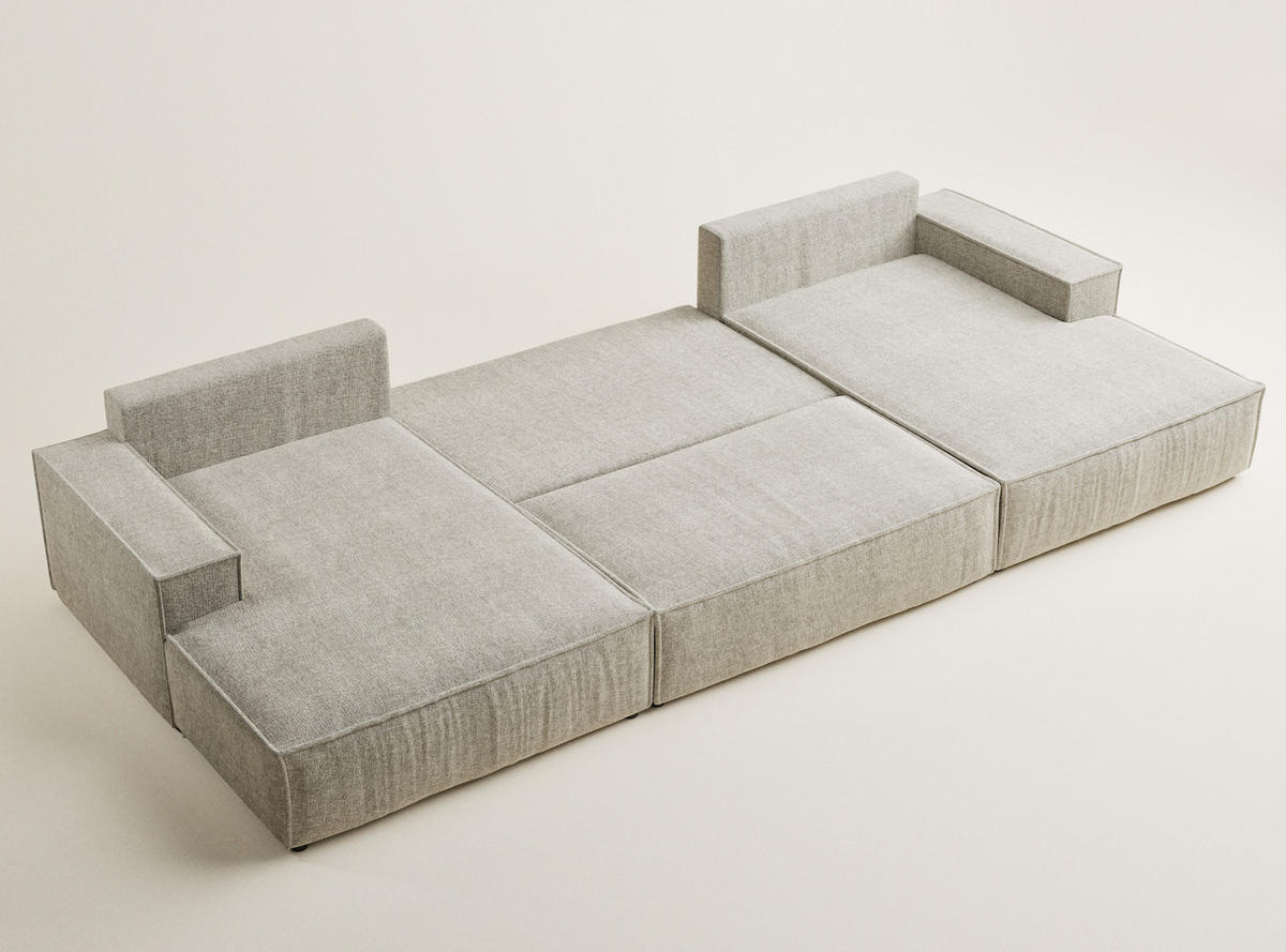 WOHNLANDSCHAFT Kyoto Beige Chenille-Stoff - Beige/Schwarz, Holz/Holzwerkstoff (398/70/148cm) - Maison de Reve